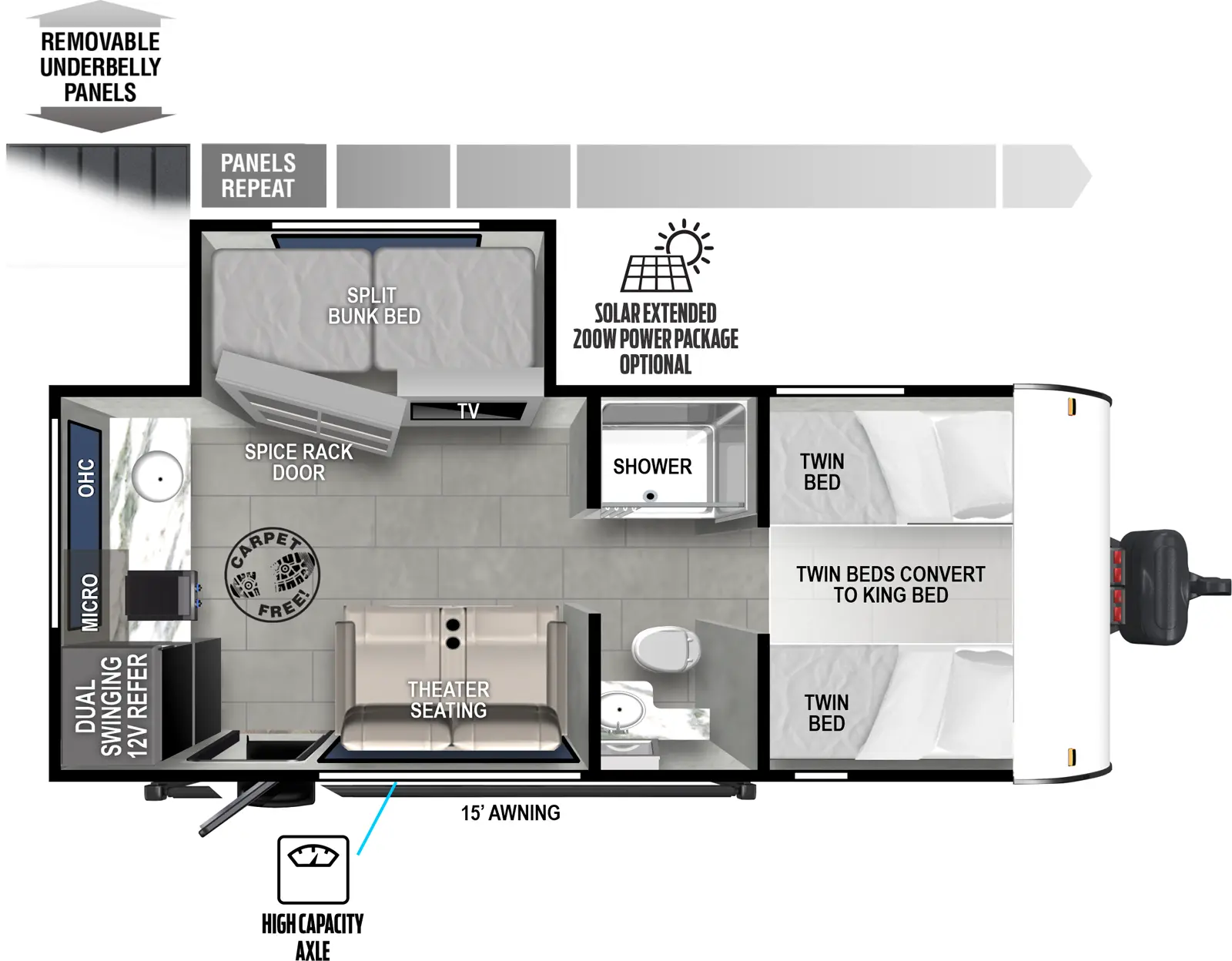 The Salem FSX 165VIEW floorplan has one slideout and one entry. Exterior features removable underbelly panels, optional solar extended 200W solar package, high capacity axles, and 15 foot awning. Interior layout front to back: opposing twin beds with an insert to make it a single king bed; split pass-thru full bathroom; off-door side TV and spice rack door with hidden split bunk bed behind; door side theater seating and entry; rear dual swinging 12V refrigerator, kitchen counter with cooktop, microwave, sink, and overhead cabinet. Carpet free RV.